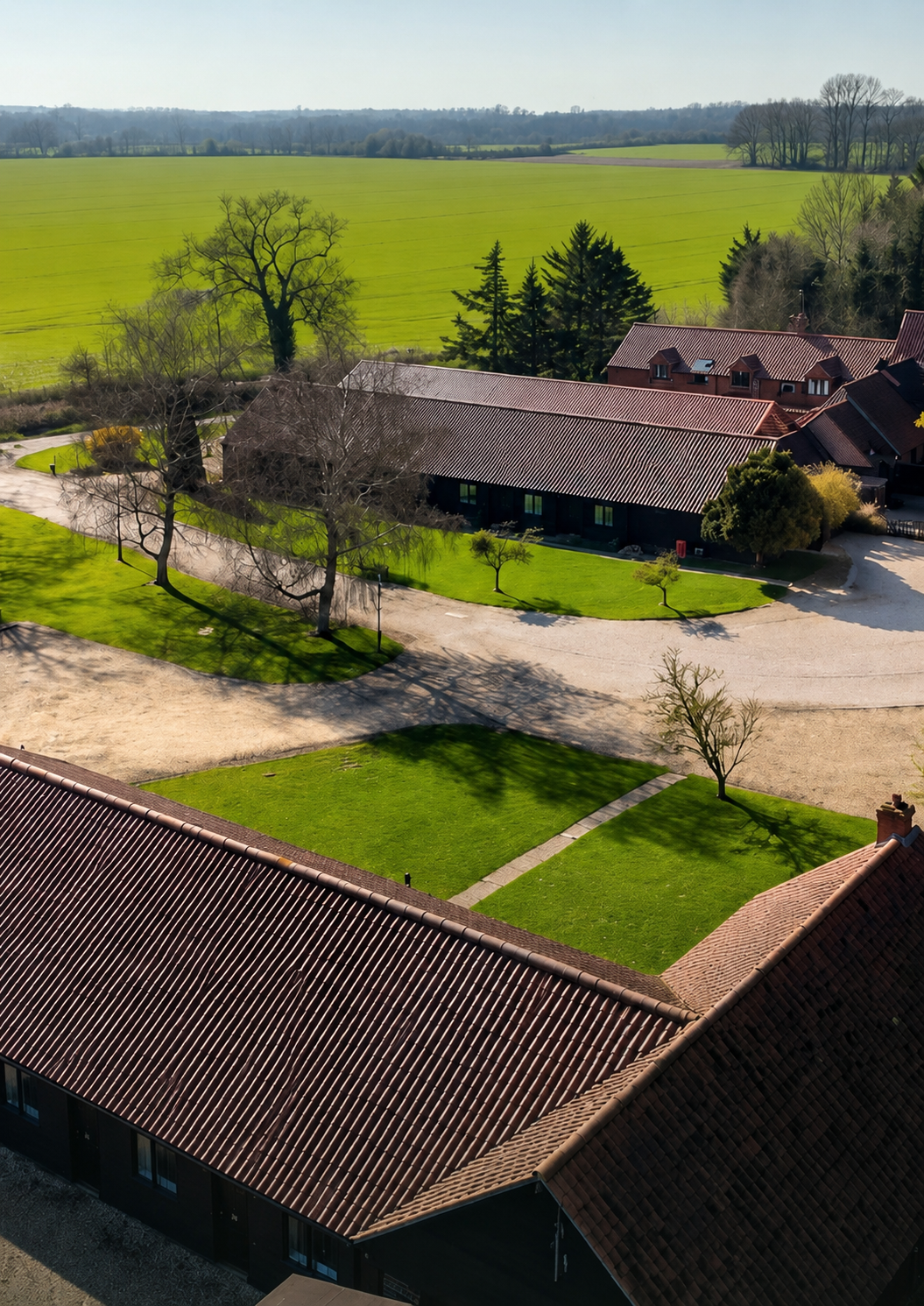 Aerial view of The Farmhouse at Fincham, as featured on the Events Brochure cover