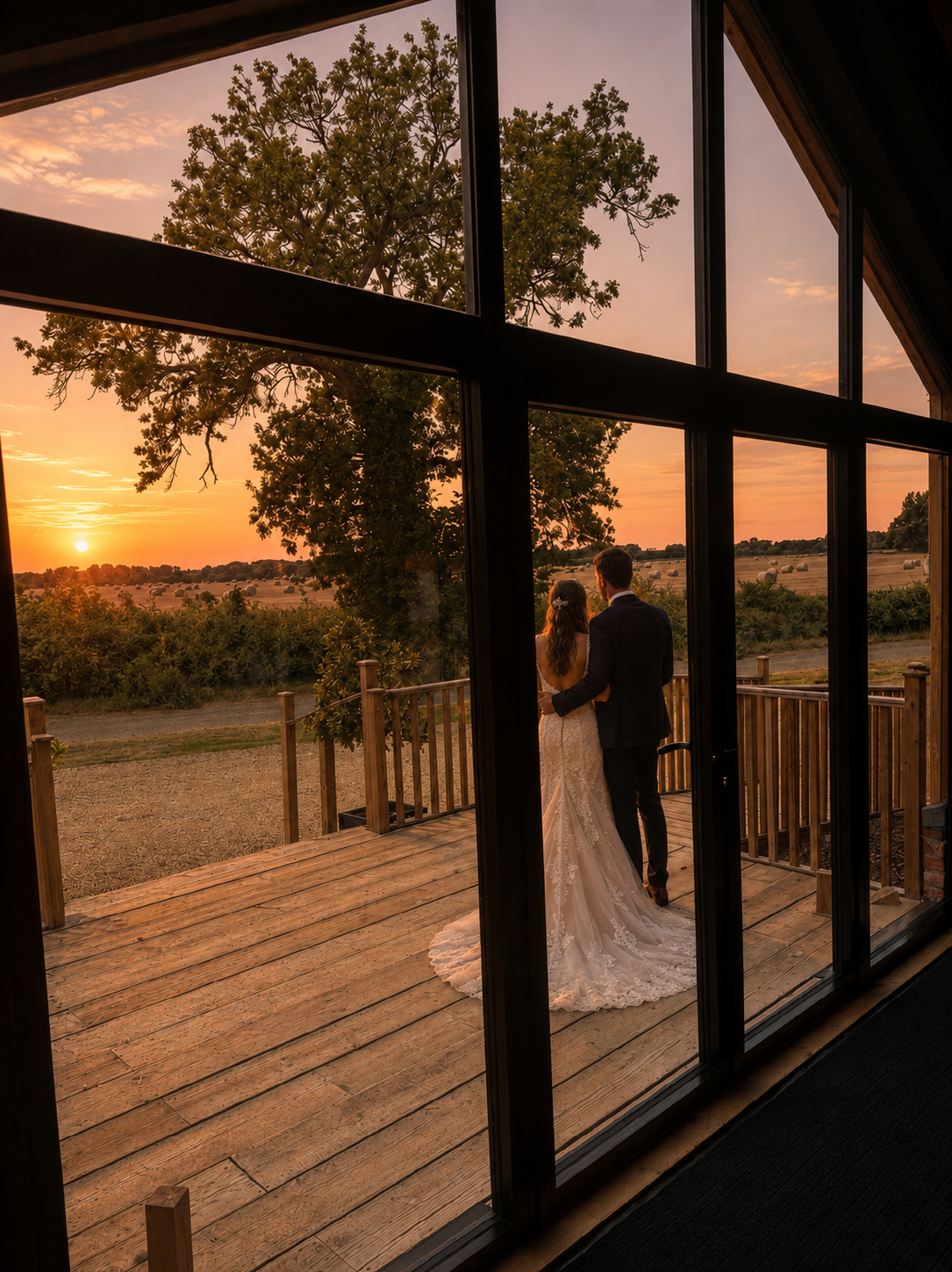 A newly married couple watching the sunset from The Mulberry Barn terrace