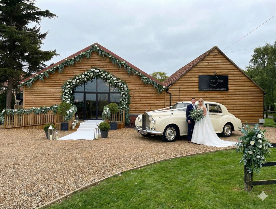 Newlyweds beside a classic wedding car outside The Mulberry Barn
